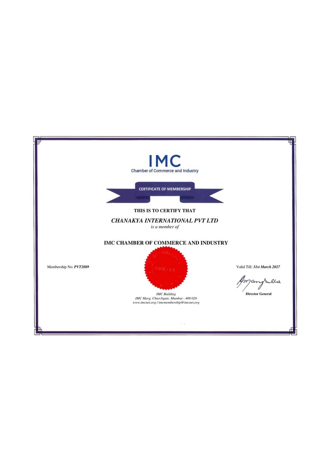 Chanakya International Pvt. Ltd. — IMC Membership