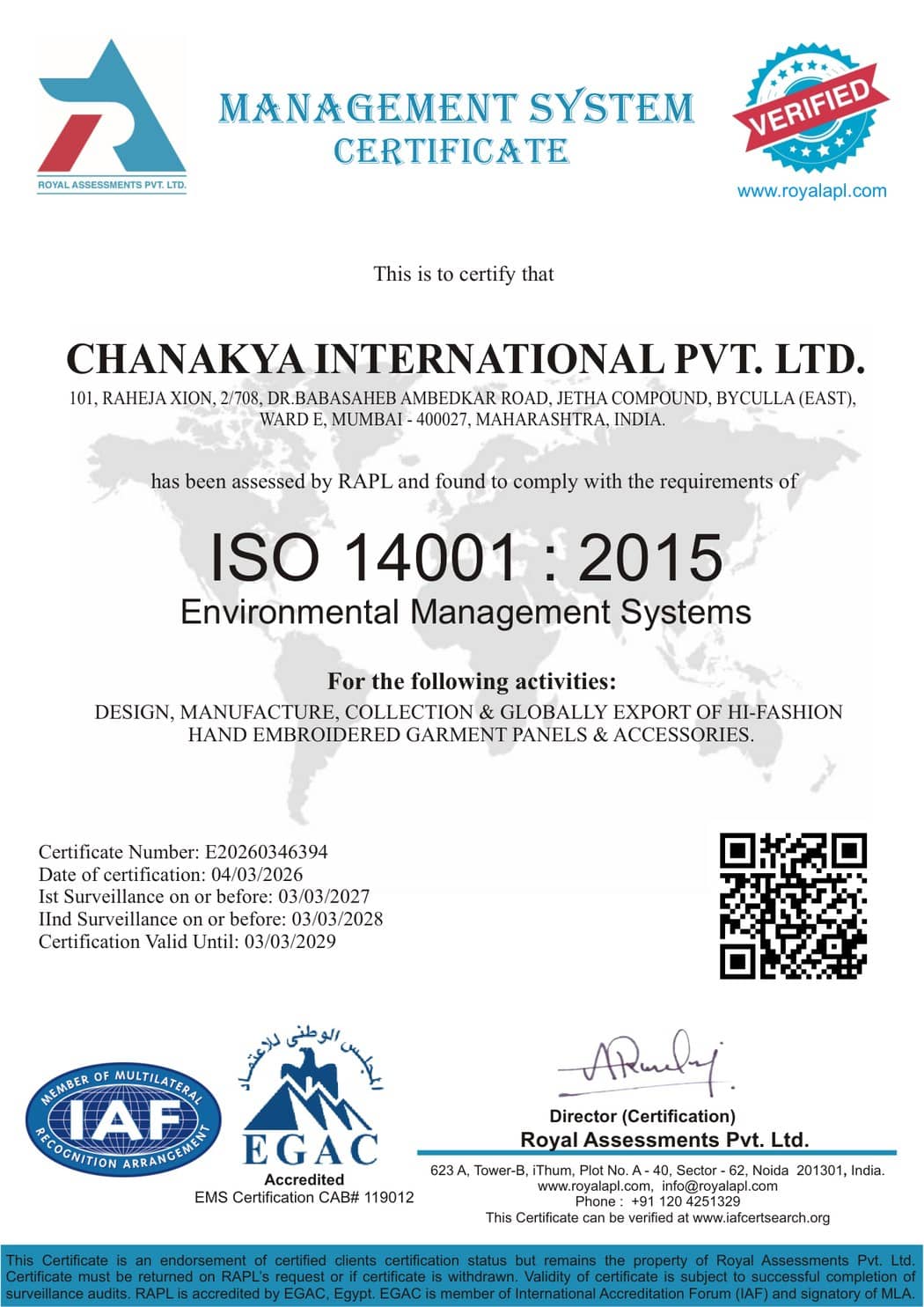 Chanakya International Pvt. Ltd. — ISO 14001:2015 certificate