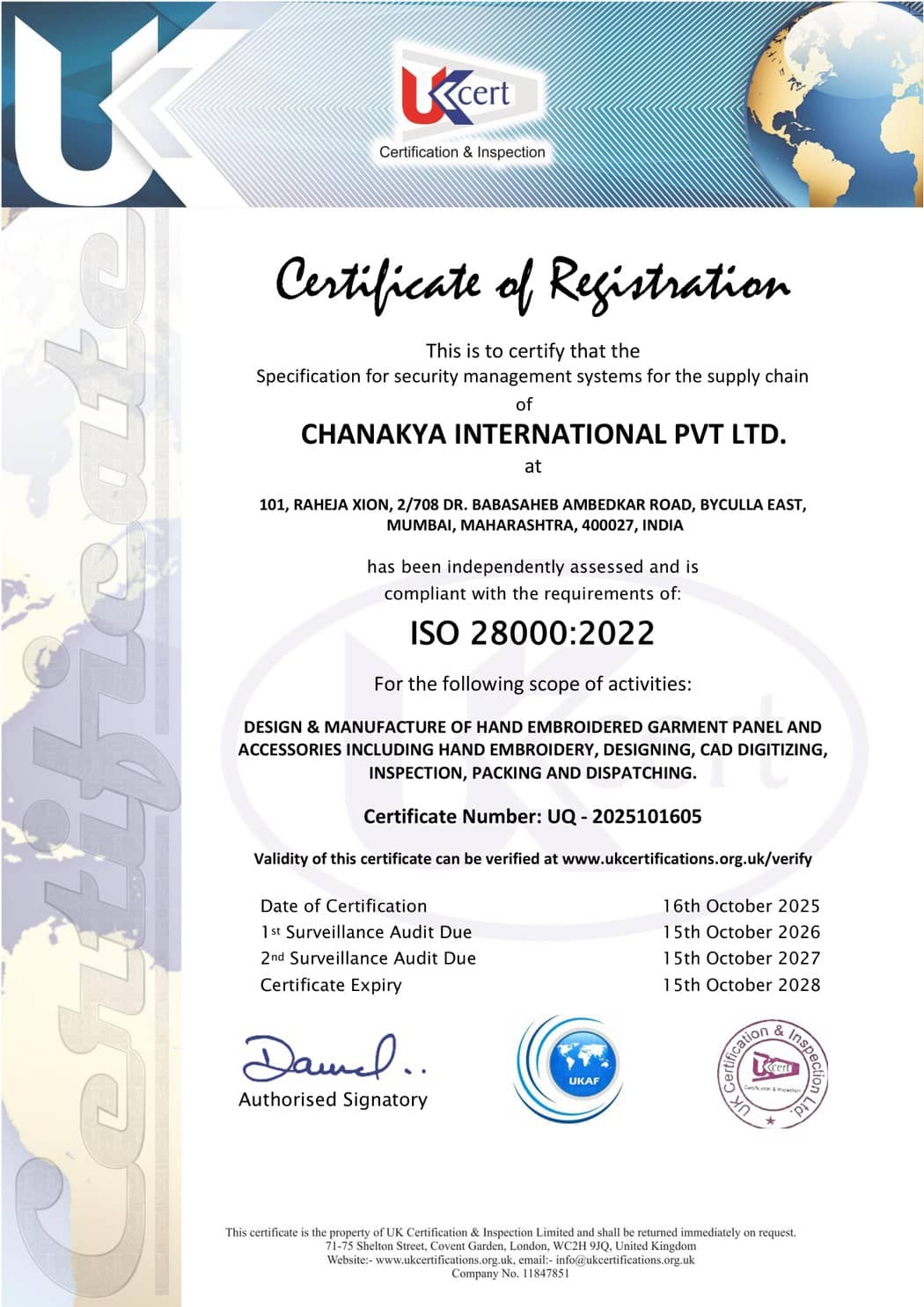 Chanakya International Pvt. Ltd. — ISO 28000:2022 certificate