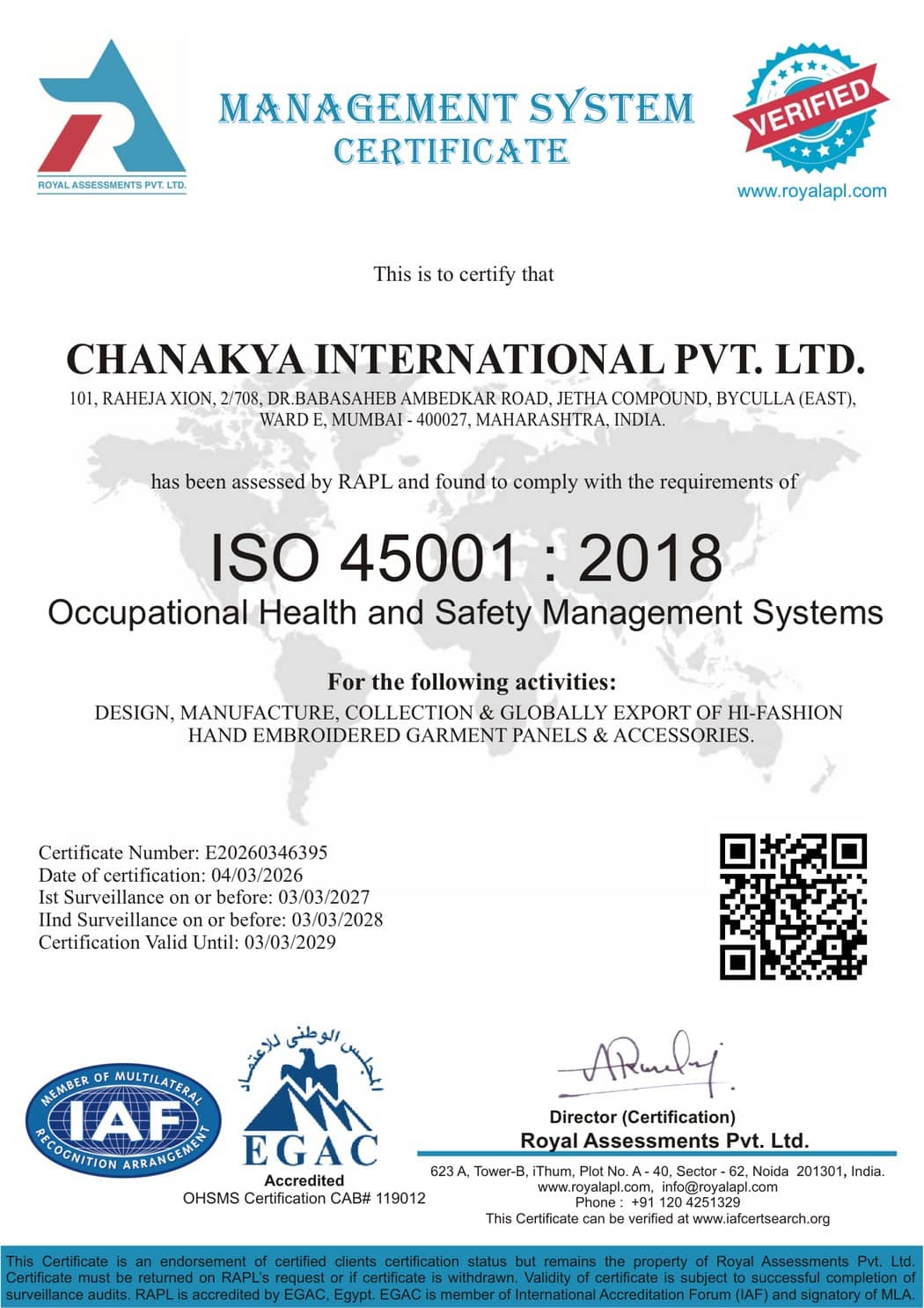 Chanakya International Pvt. Ltd. — ISO 45001:2018 certificate