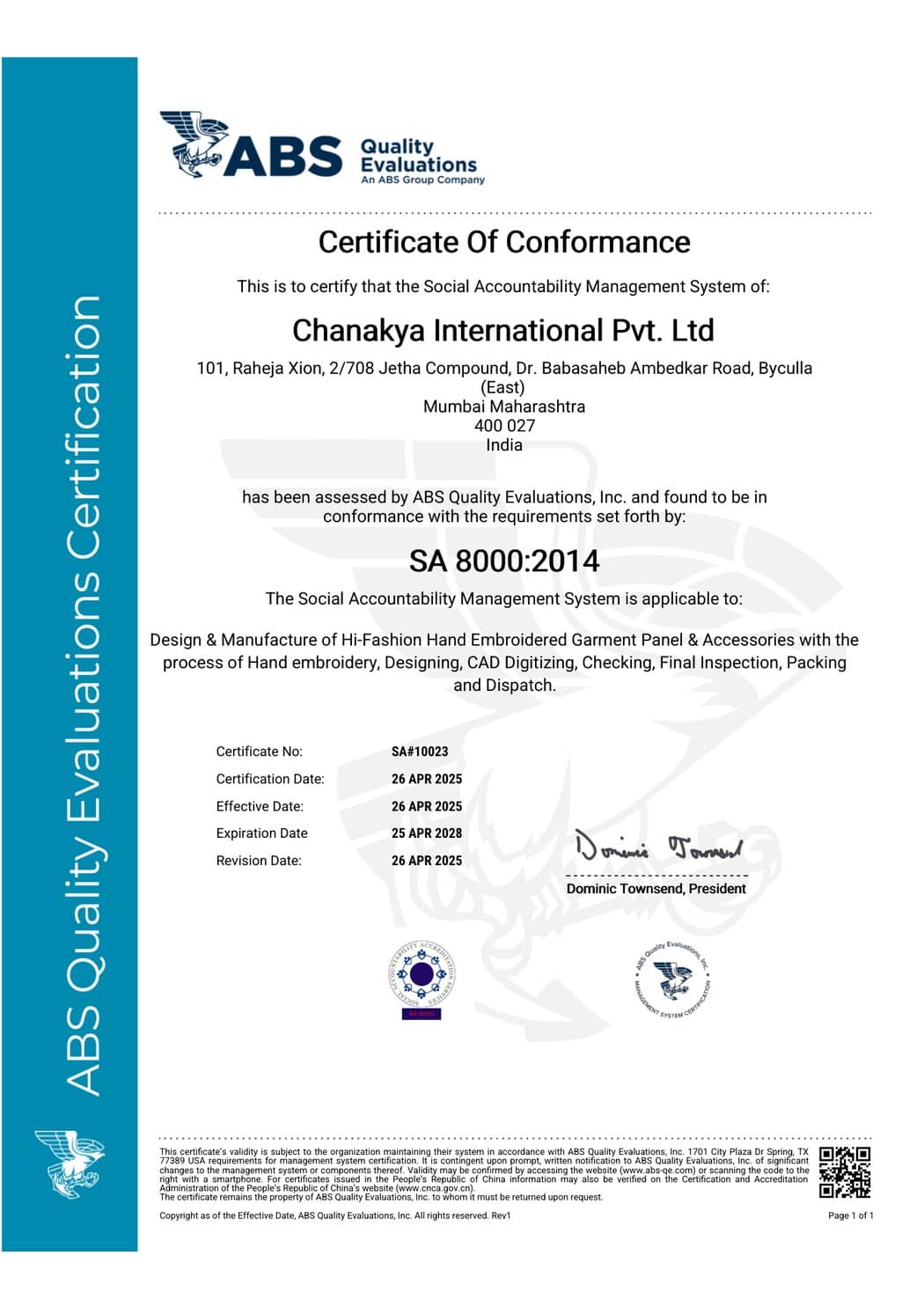 Chanakya International Pvt. Ltd. — SA8000:2014 certificate