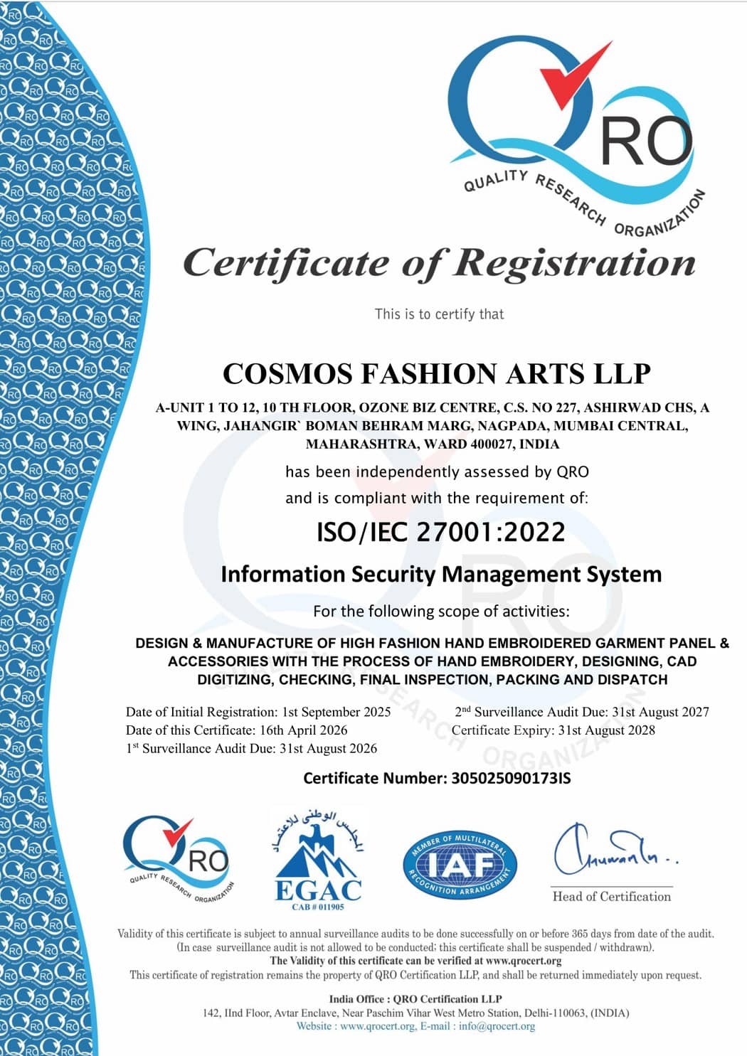 Cosmos Fashion Arts LLP — ISO/IEC 27001:2022 certificate