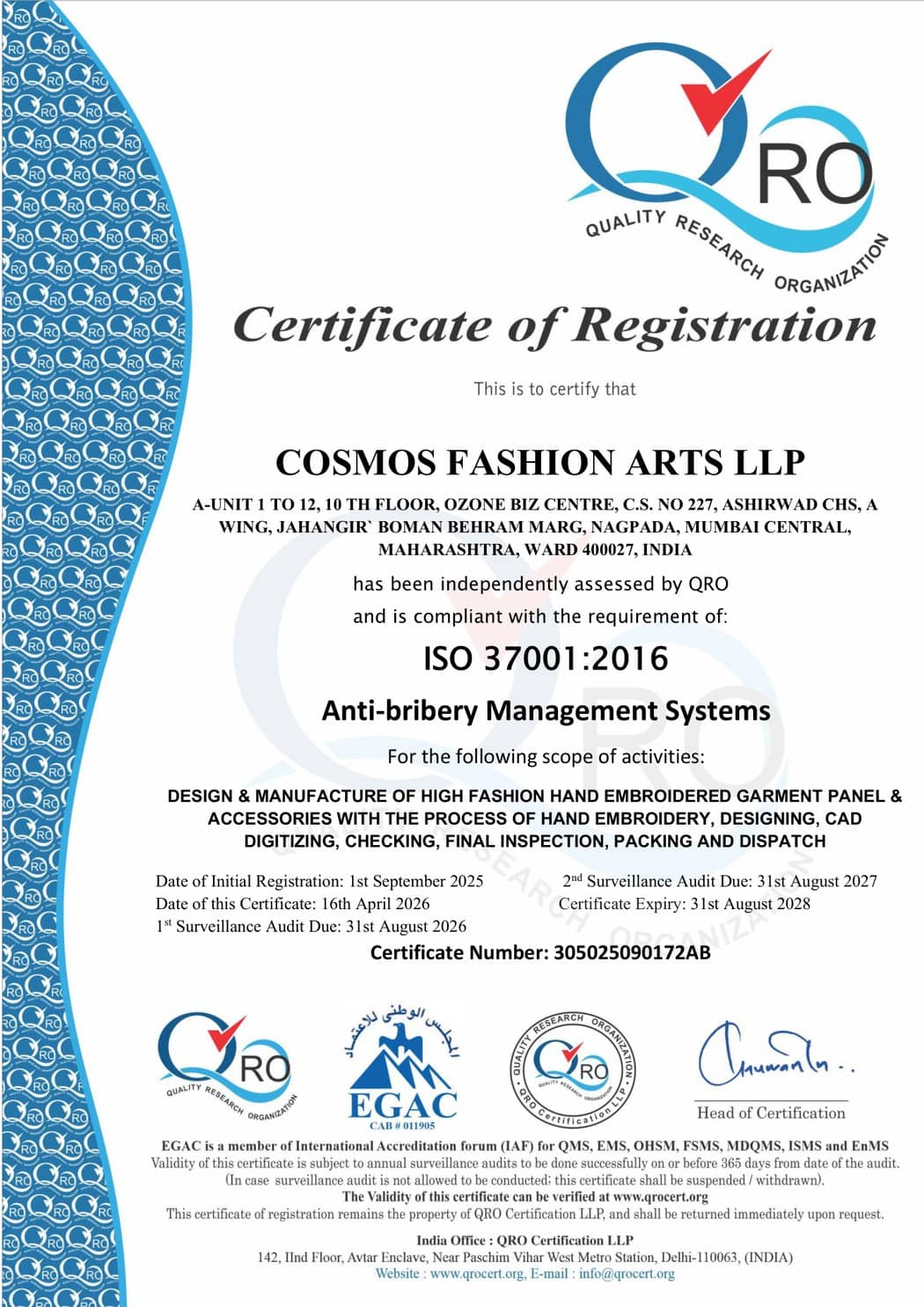 Cosmos Fashion Arts LLP — ISO 37001:2016 certificate