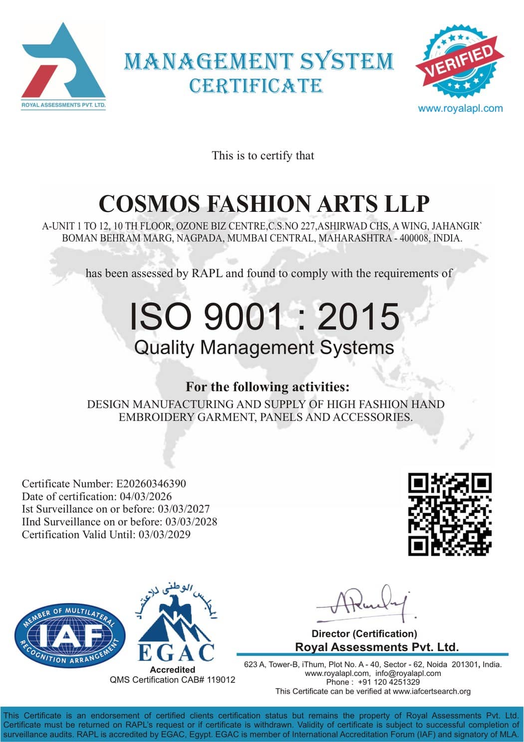 Cosmos Fashion Arts LLP — ISO 9001:2015 certificate