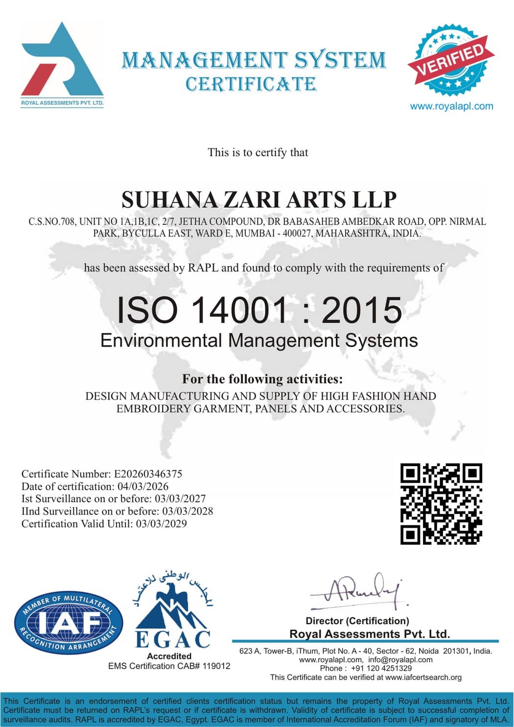 Suhana Zari Arts LLP — ISO 14001:2015 certificate