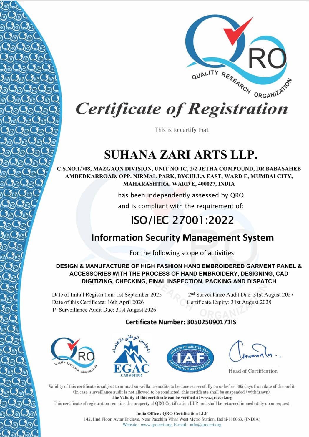 Suhana Zari Arts LLP — ISO/IEC 27001:2022 certificate