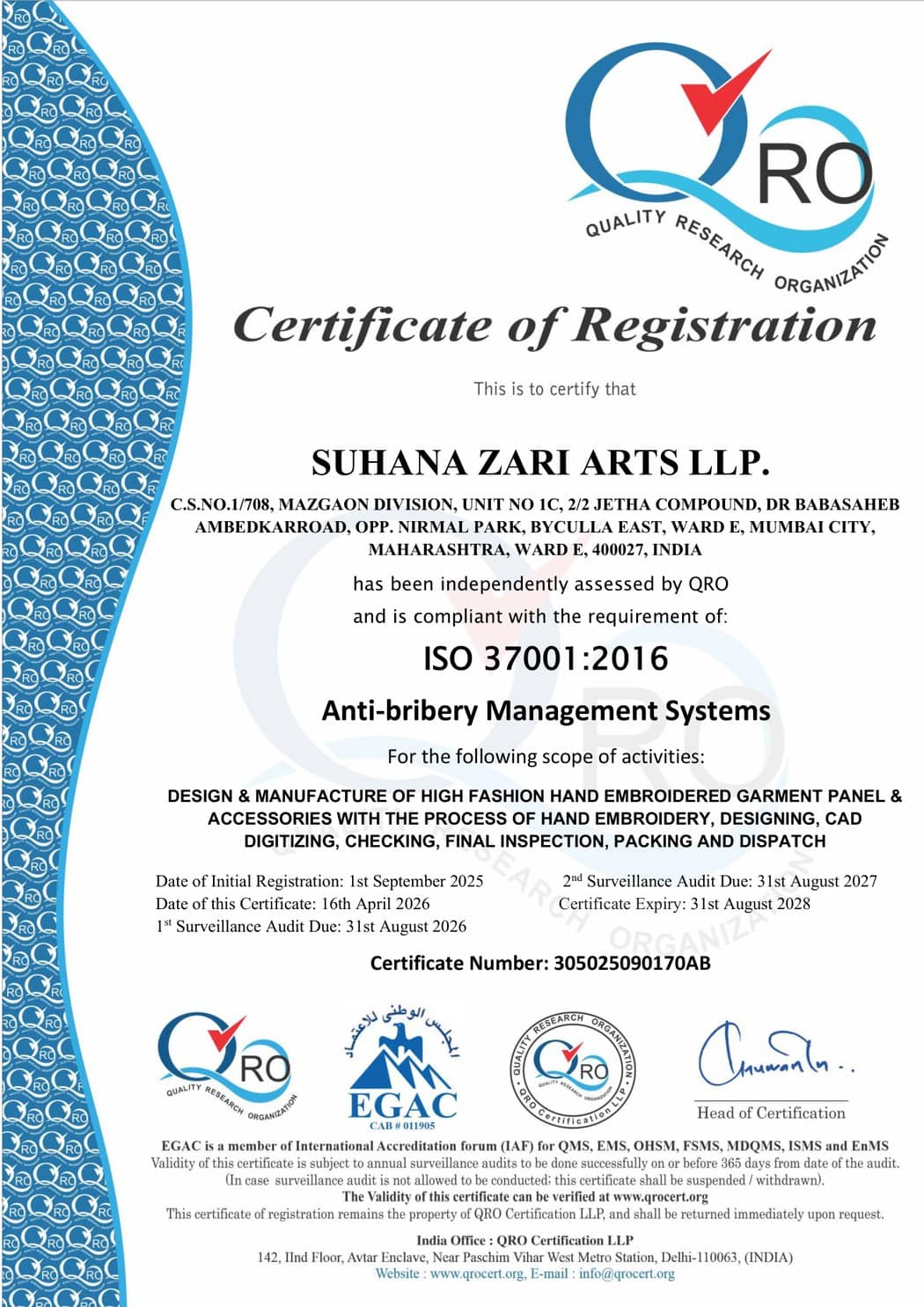 Suhana Zari Arts LLP — ISO 37001:2016 certificate