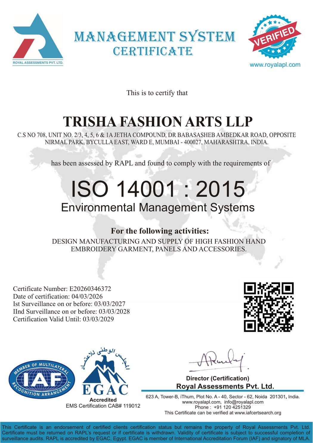 Trisha Fashion Arts LLP — ISO 14001:2015 certificate