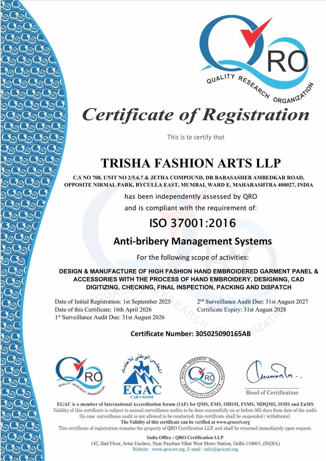 Trisha Fashion Arts LLP — ISO 37001:2016 certificate